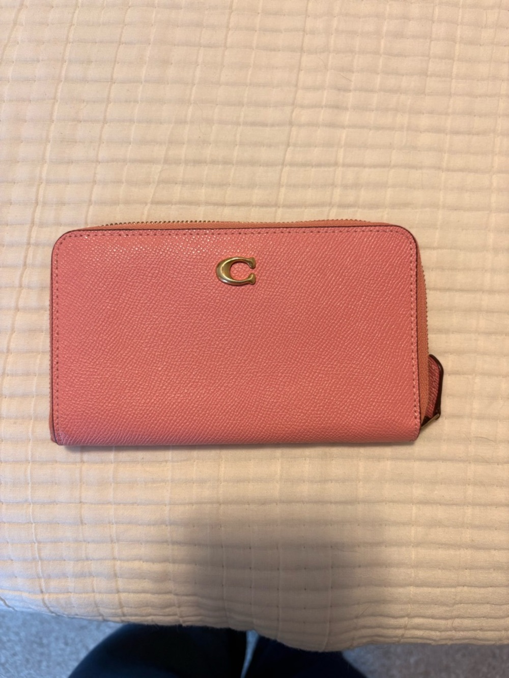 Coach Saffiano Pink Zip Wallet with Gold 'C' Logo